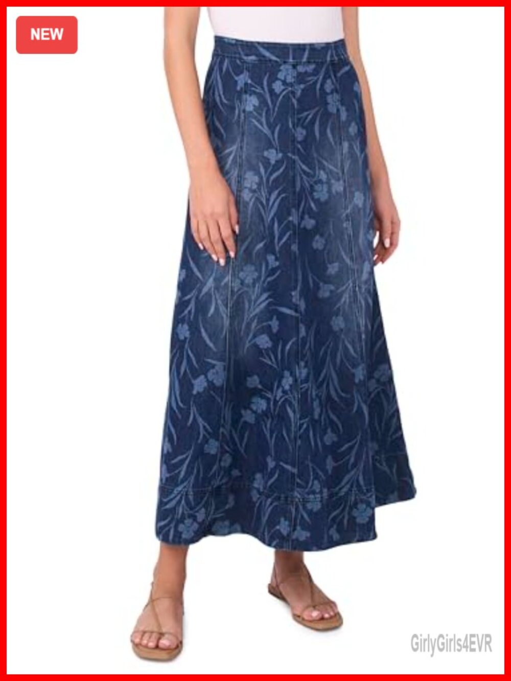 Womens Floral Seamed Maxi Denim Skirt Wear to Work Full Skirt Contemporary